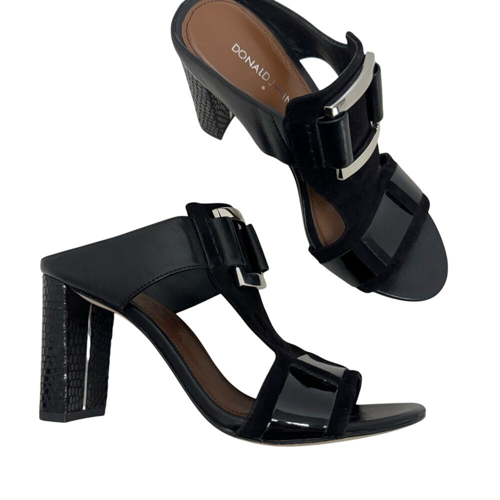 Donald J Pliner Black Leather Slip On Mule Heels Womens 7.5 Tesa Buckle Accent - Picture 2 of 11